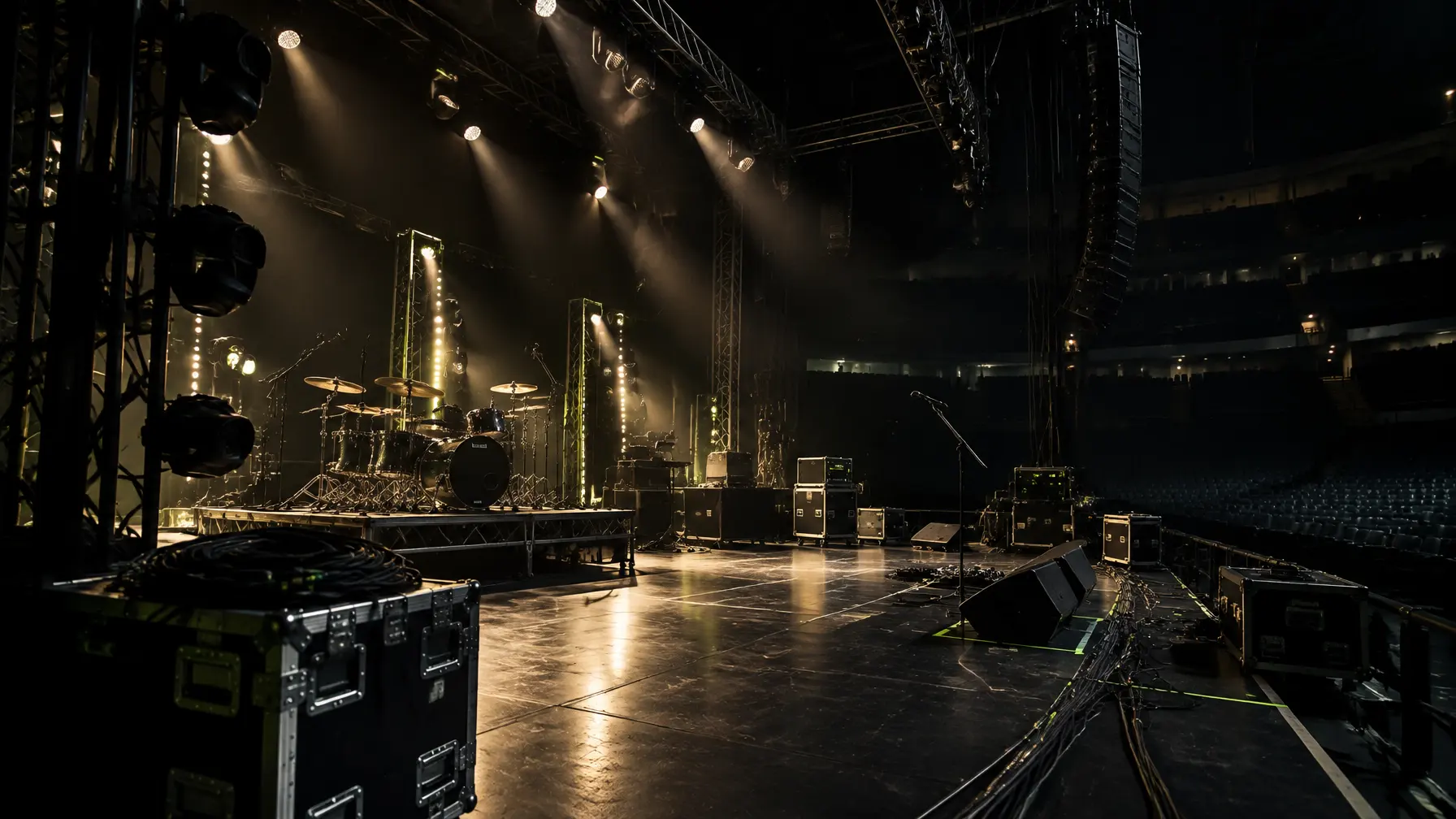 Concert touring stage with truss, work lights, and road cases