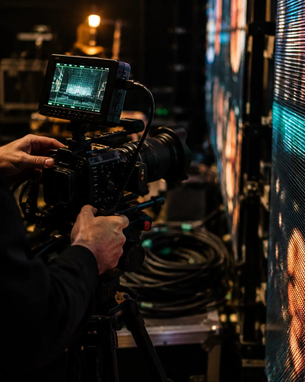 Technician checking event camera and LED equipment backstage